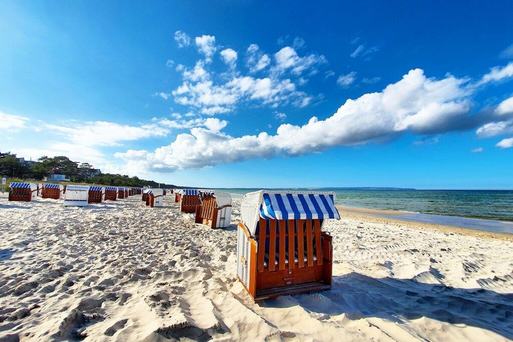 Une plage bordée de rangées de chaises longues et de parasols en bois, un ciel dégagé et l’océan en toile de fond.