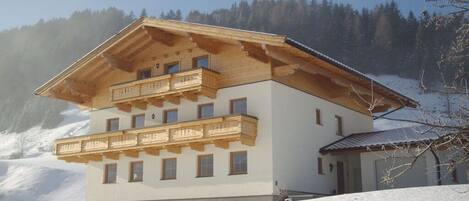 A multi-story wooden chalet with balconies, set against a snowy mountain backdrop.