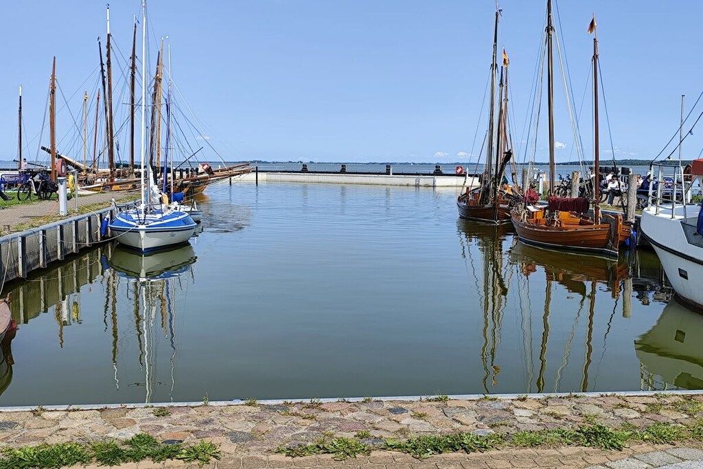 Eine Marina mit mehreren Segelbooten, ruhigem Wasser und blauem Himmel.