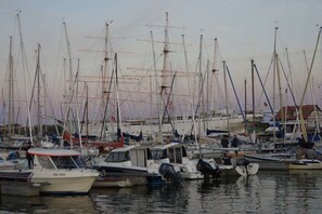 Ein Yachthafen mit mehreren Segelbooten, die vertäut sind.
