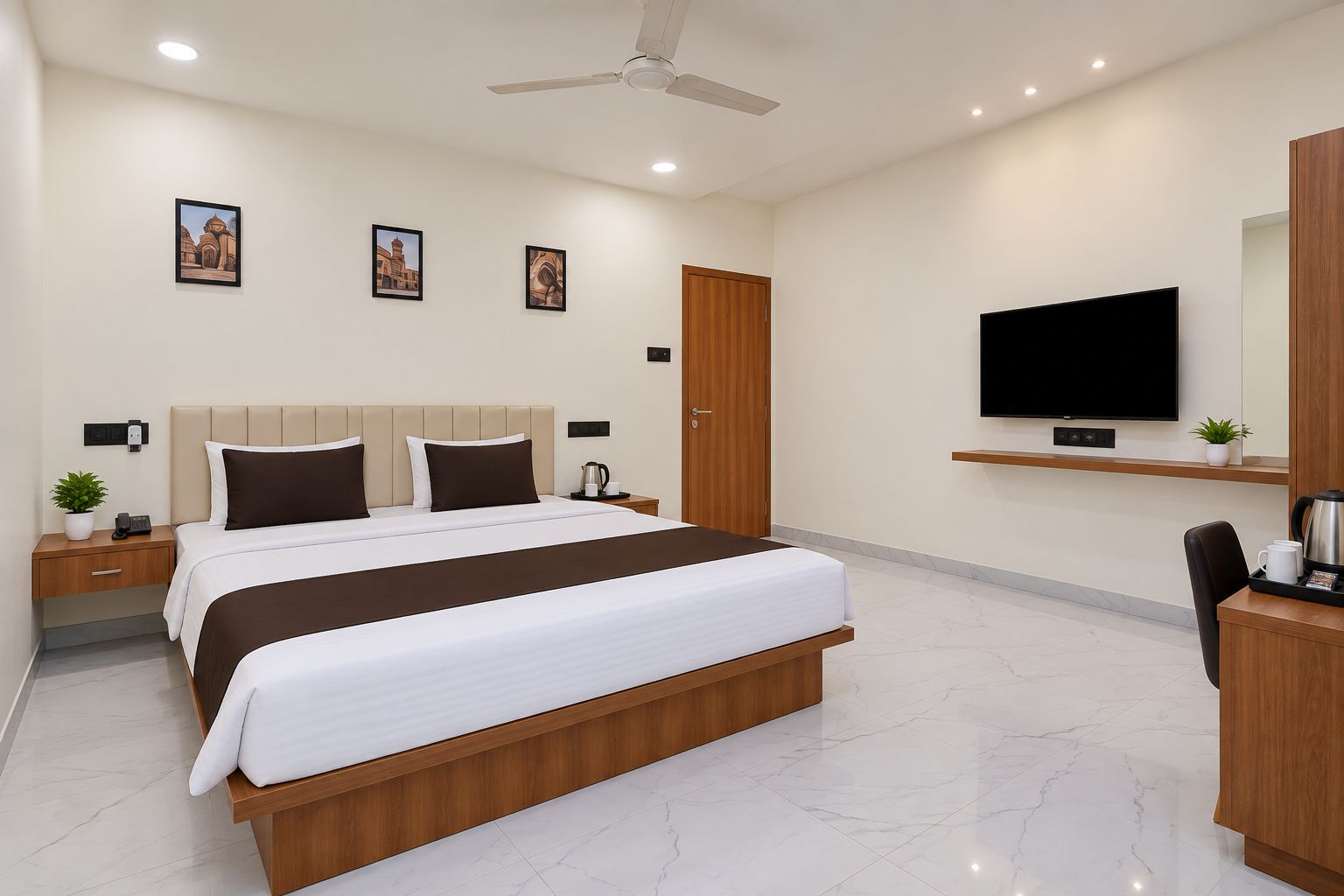Una habitación de hotel moderna con una cama grande, un televisor de pantalla plana, un escritorio y un ventilador de techo.