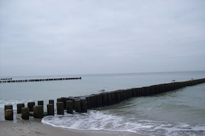 A coastal scene with a wooden breakwater extending into the sea, waves gently lapping against it, and a clear sky above. - Thatched-roof house Krebs, Darß, Baltic Sea (Born)