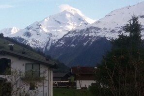 A mountain with snow-covered peaks, a house with a sloped roof, and a small garden area in the foreground. - Holiday home in Rauris with swimming pool (Rauris)