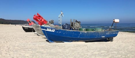 Un bateau bleu portant le numéro d’immatriculation BAA-20, échoué sur une plage de sable.