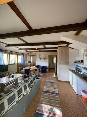 A spacious living area with a sofa, a dining table, and a kitchen area with cabinets and appliances.
