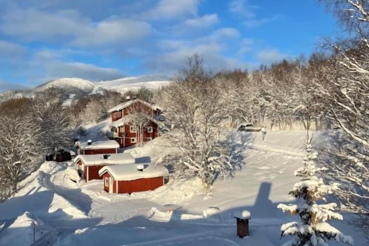 A snow-covered landscape with a red building, possibly a lodge, surrounded by trees and hills.