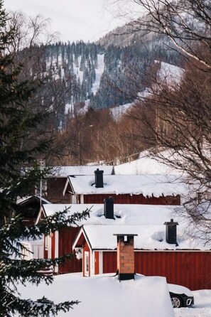 Un barrio residencial cubierto de nieve, con casas, una valla de madera y una montaña al fondo.