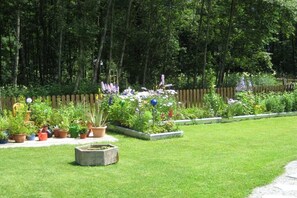 Ein Garten mit verschiedenen Pflanzen und einem Holzzaun.