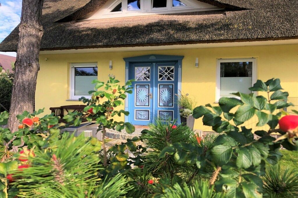 A yellow house with a blue door, surrounded by greenery and a tree.