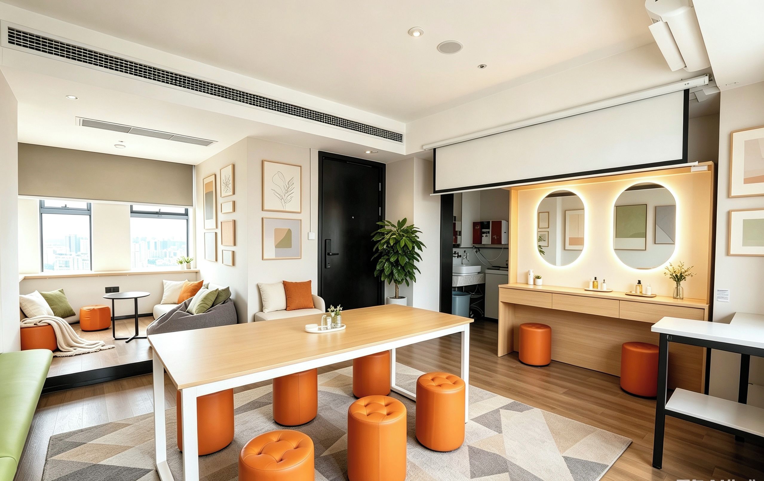 Una habitación de hotel moderna con una mesa de comedor de madera, otomanas naranjas, un sofá y un espejo grande con luces circulares.