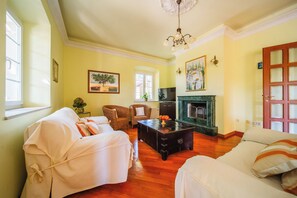 A living room with a fireplace, two sofas, a coffee table, and a television. - Villa Tereza (Konavle)