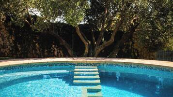 Ein Swimmingpool mit klarem, blauem Wasser und einer gefliesten Kante, umgeben von einer Steinmauer und Bäumen.