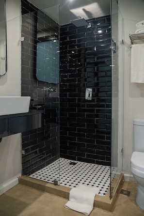 Un bany amb dutxa trencada amb rajoles negres, un lavabo blanc i un vàter.