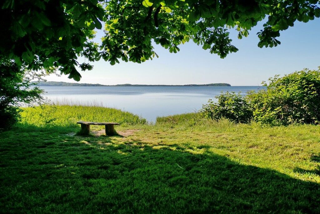 A grassy area with a bench and a view of a calm body of water.