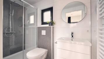 Een moderne badkamer met een douchecabine van glas, een toilet, een wastafel met spiegel erboven en een potplant op het aanrecht.