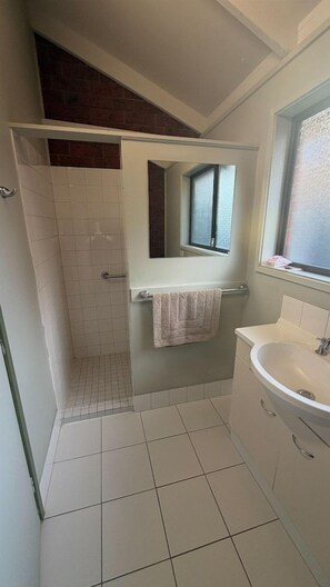 A bathroom with a shower, a sink, and a mirror. - The Abbotswood Motor Inn (Geelong)