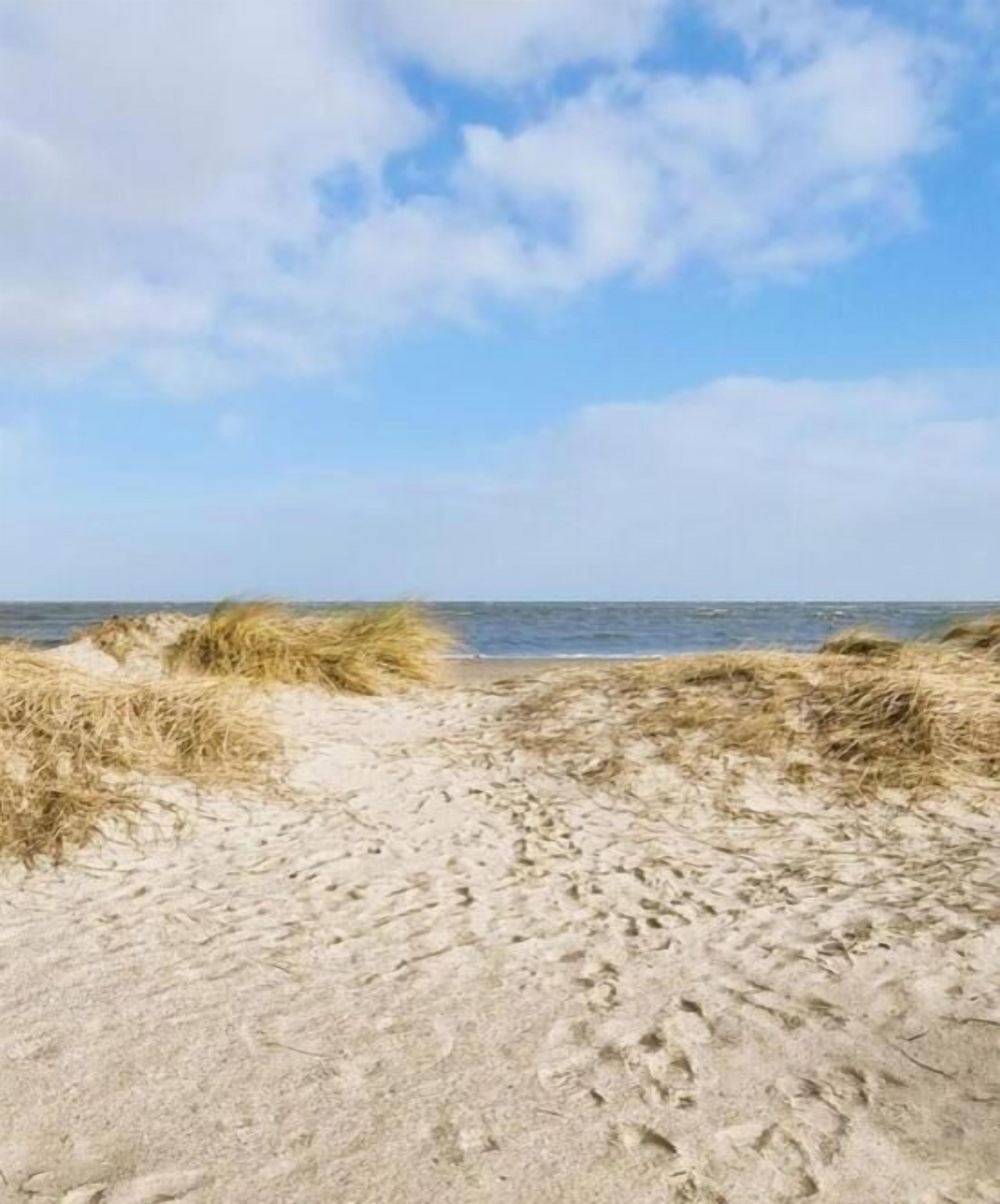 A sandy beach with footprints leading to the water, under a partly cloudy sky.