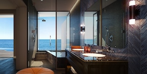 A modern bathroom with a large mirror, dual sinks, and a view of the sea. - UMITO ATAMI THE SALON (Atami)