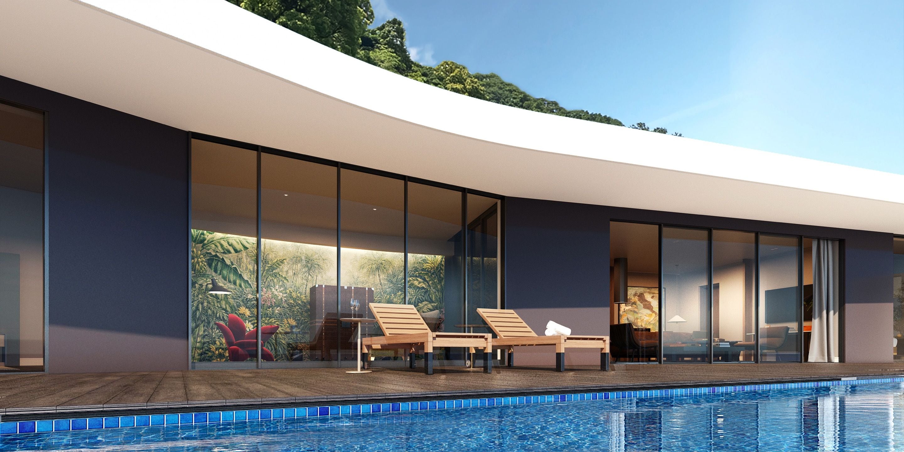 Un área de piscina moderna con vistas despejadas a la piscina, sillas de descanso y una pared de vidrio que ofrece vistas al exterior.