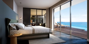 A modern bedroom with a large bed, a nightstand, and a view of the ocean through floor-to-ceiling windows. - UMITO ATAMI THE SALON (Atami)