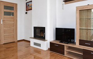 A living room with a wooden door, a fireplace, a television, and a cabinet. - 2 bedroom awesome home in Oslonka (Oslonka)