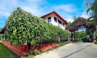 Un edificio con techo rojo, rodeado de abundante vegetación y un camino pavimentado.