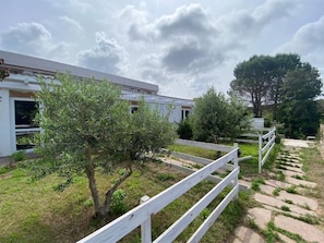 A building with a white exterior, a wooden fence, and a paved pathway leading to a tree.