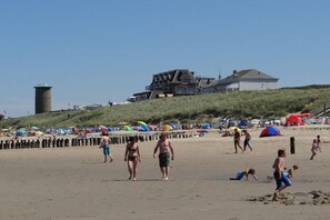 Ein Strand mit Menschen, Zelten und einem Gebäude mit Schrägdach.