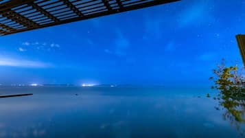 A tranquil night scene with a starry sky over a calm body of water, under a wooden structure.