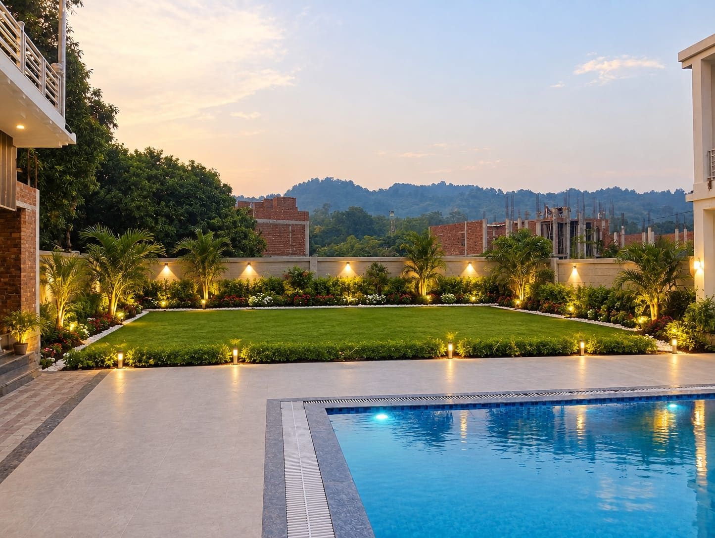A swimming pool with a surrounding garden and a view of distant buildings.