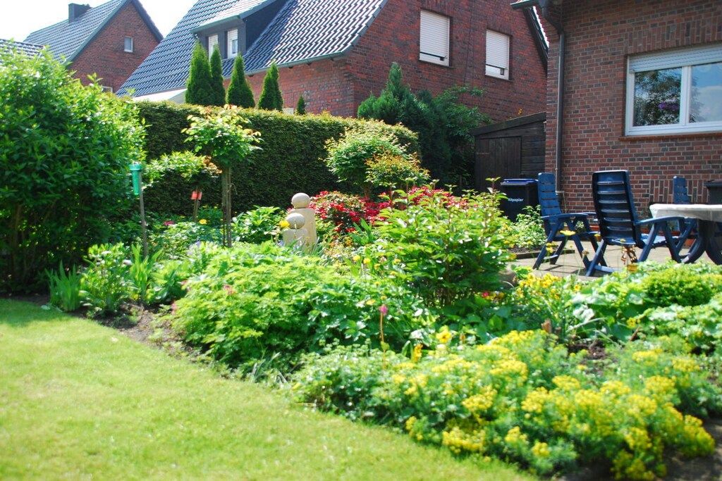A residential garden with a fire hydrant, a hedge, and a brick house with a sloped roof.
