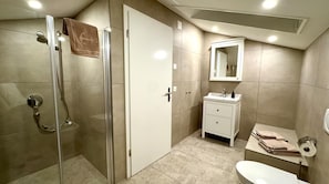 A modern bathroom with a glass shower enclosure, a white vanity with a mirror, and a toilet. - Luzern House With Indoor Pool (Lucerne)