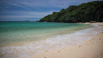 A beach with clear turquoise water, sandy shore, and a forested hill in the background.