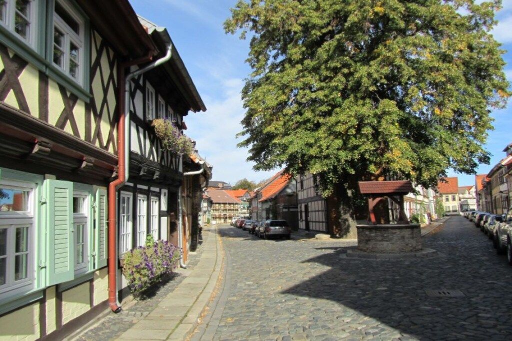 Eine Kopfsteinpflasterstraße gesäumt von traditionellen Fachwerkhäusern, einem großen Baum und geparkten Autos.
