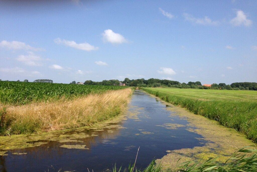 A rural landscape with a narrow water channel, fields on either side, and a clear sky.