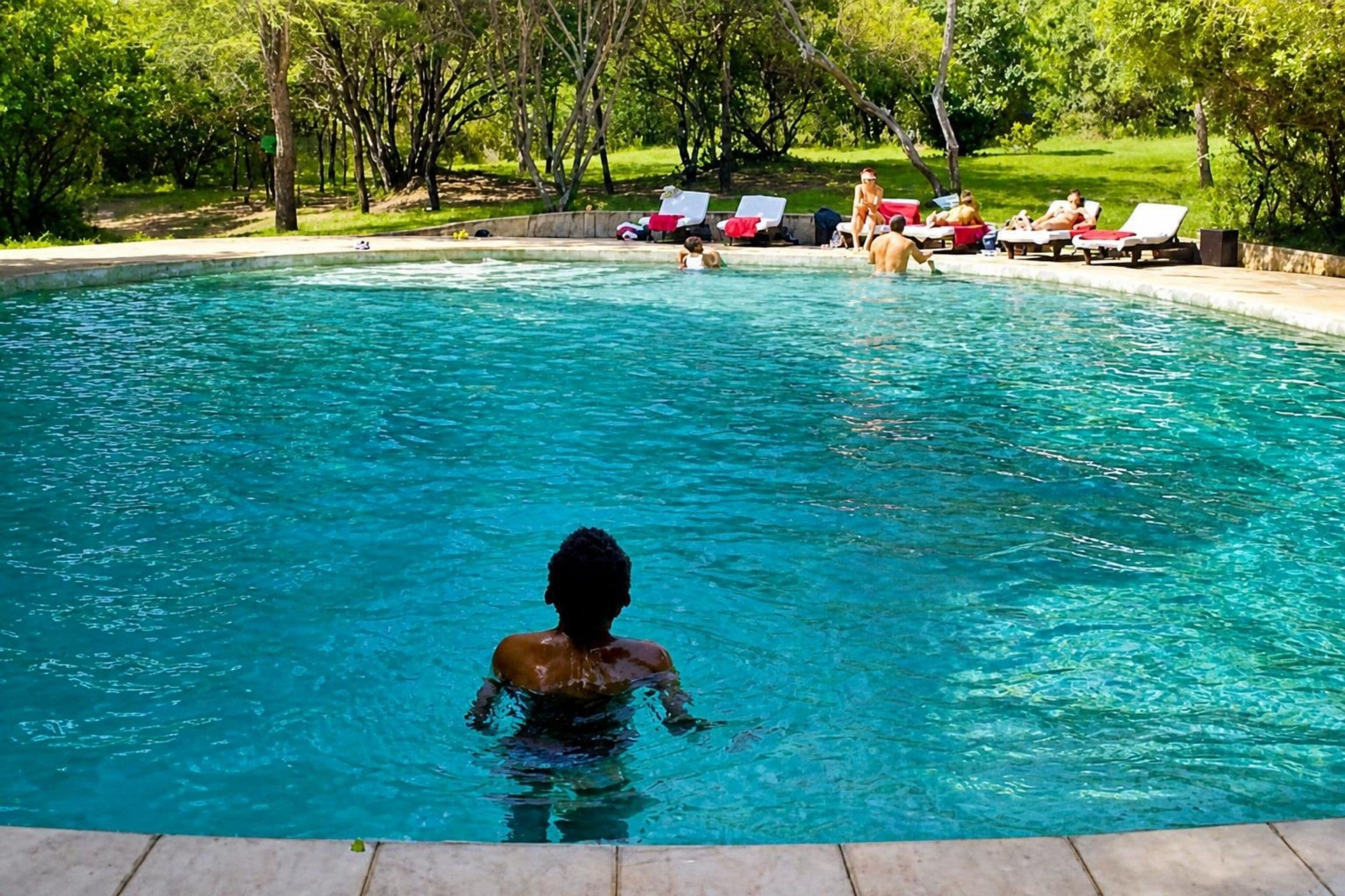 A swimming pool with clear blue water, surrounded by lounge chairs and a grassy area.