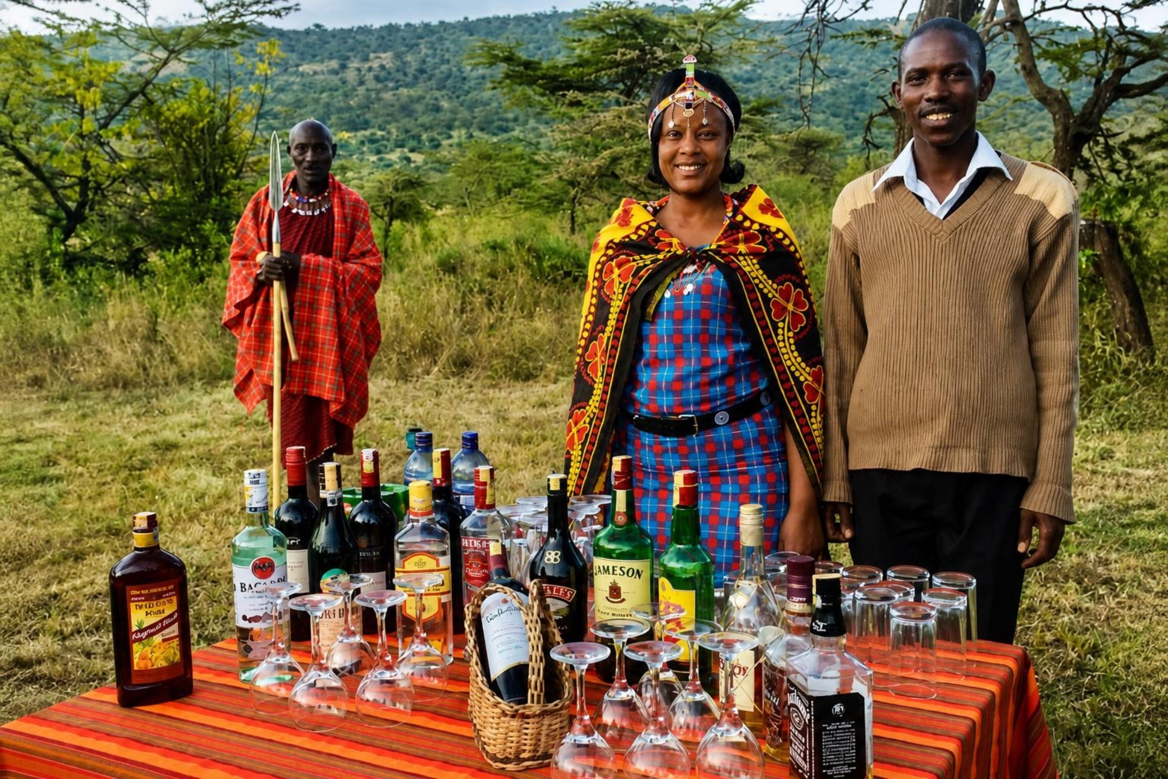 A group of people standing in a natural setting with a table of various bottles and glasses in front of them.