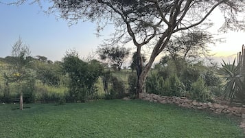 A well-maintained grassy area with a stone wall and trees.