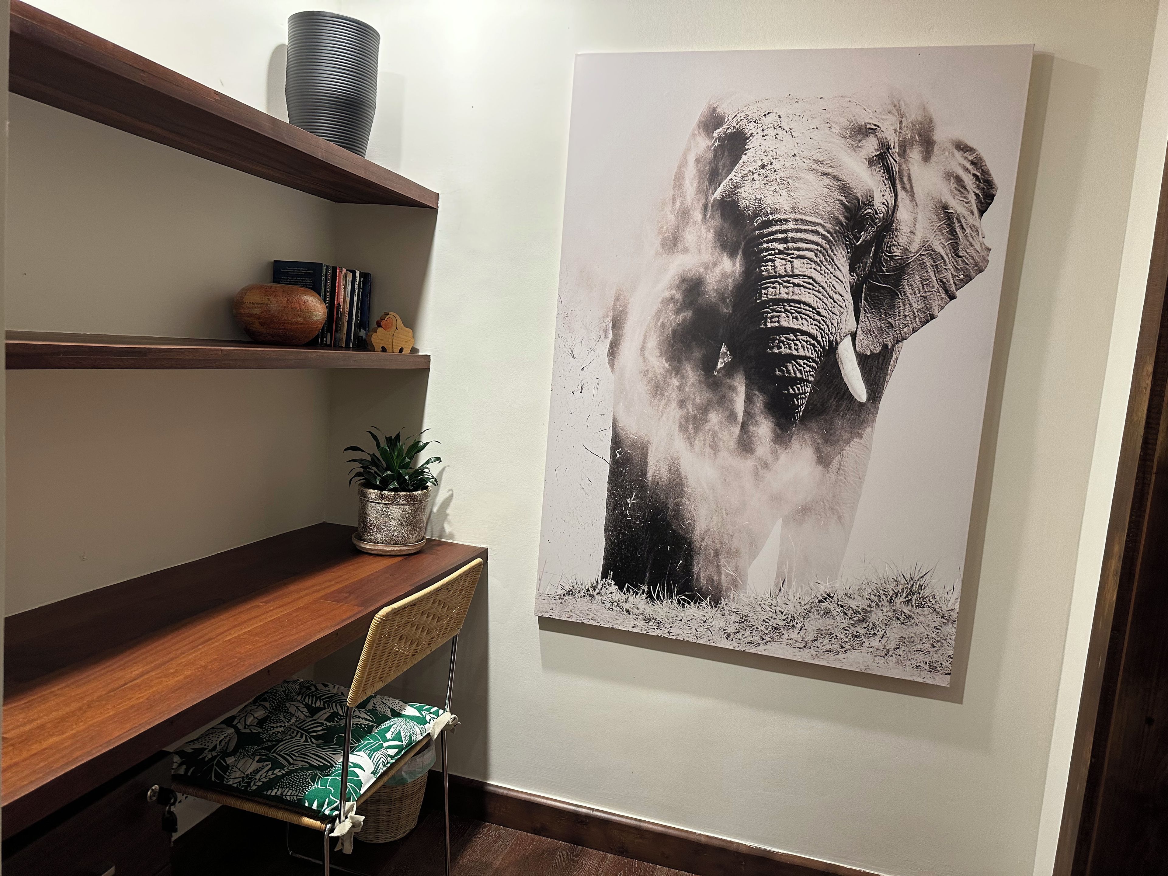 A wall with a large elephant print, a bookshelf with books and decorative items, and a wicker chair.