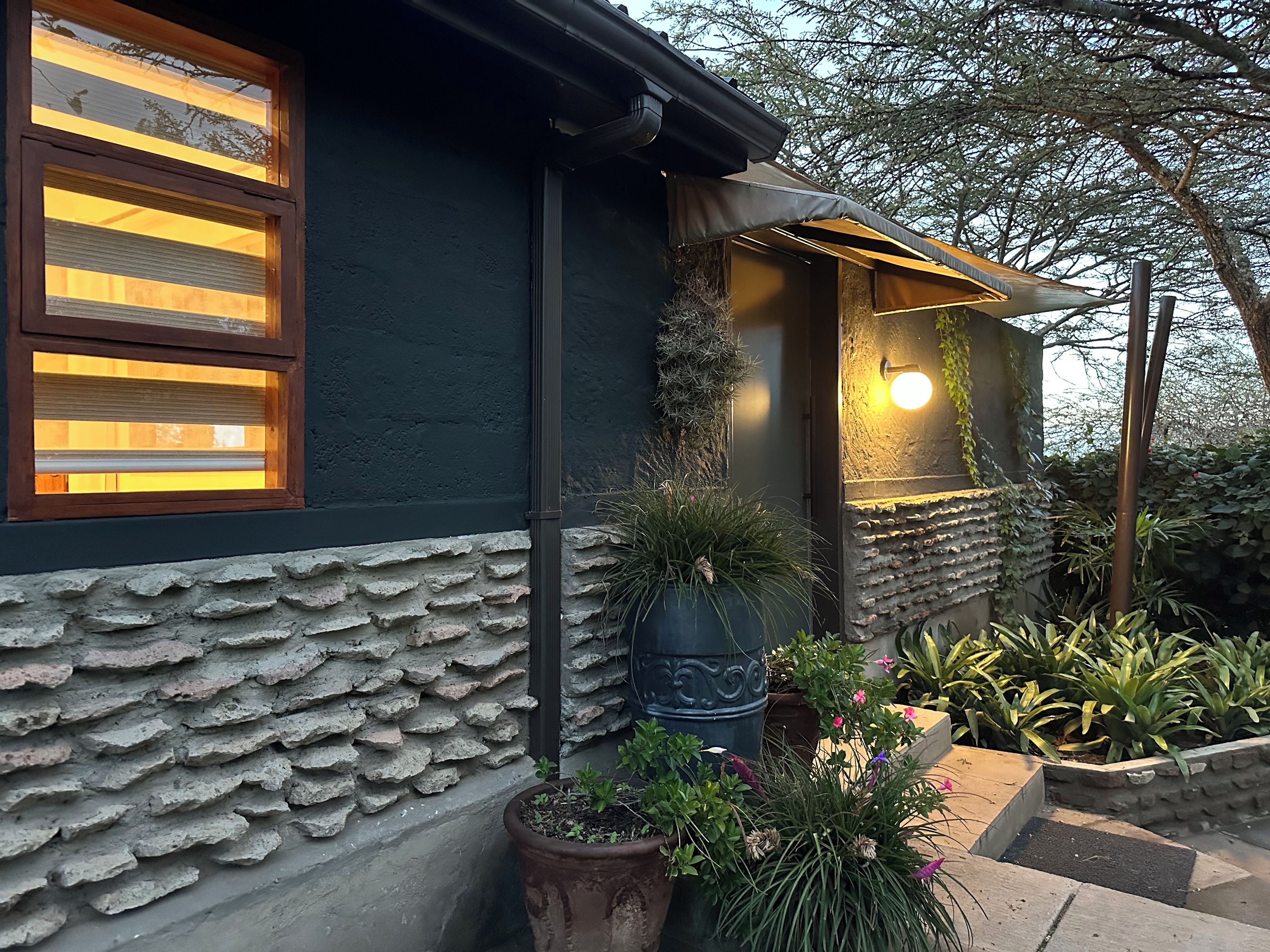 A house with a stone facade, a window with blinds, and a potted plant in the foreground.