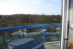 Ein Balkon mit Glasgeländer, Blick auf eine Landschaft mit Bäumen und Gebäuden, und klarer Himmel.