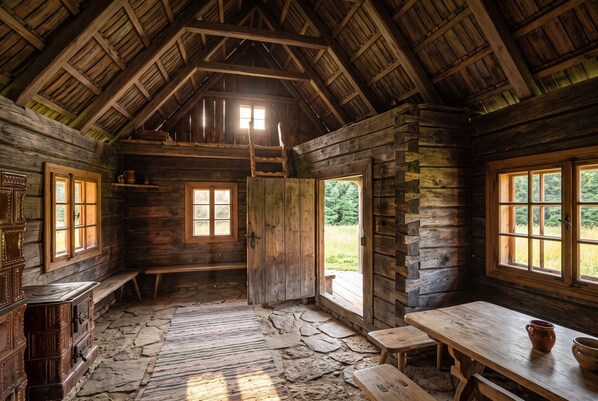 Interior rústico de cabana com soalho de pedra, paredes de madeira, um mezanino e grandes janelas.