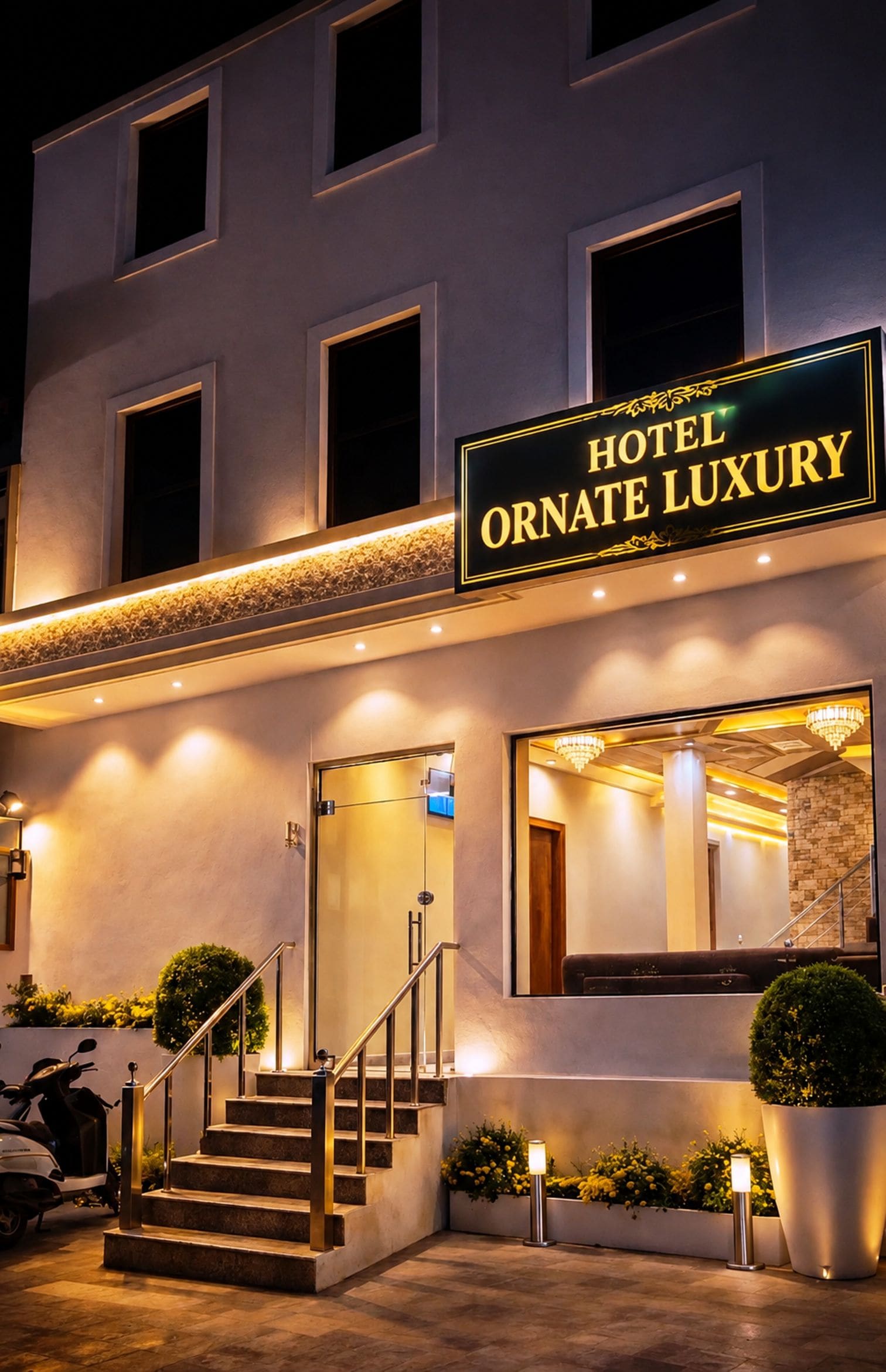 Entrada de un hotel con un letrero que dice 'HOTEL ORNATE LUXURY'.
