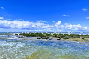 Un paisaje costero con cielos despejados y olas.