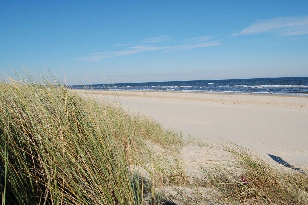 A beach with sand dunes and ocean waves.