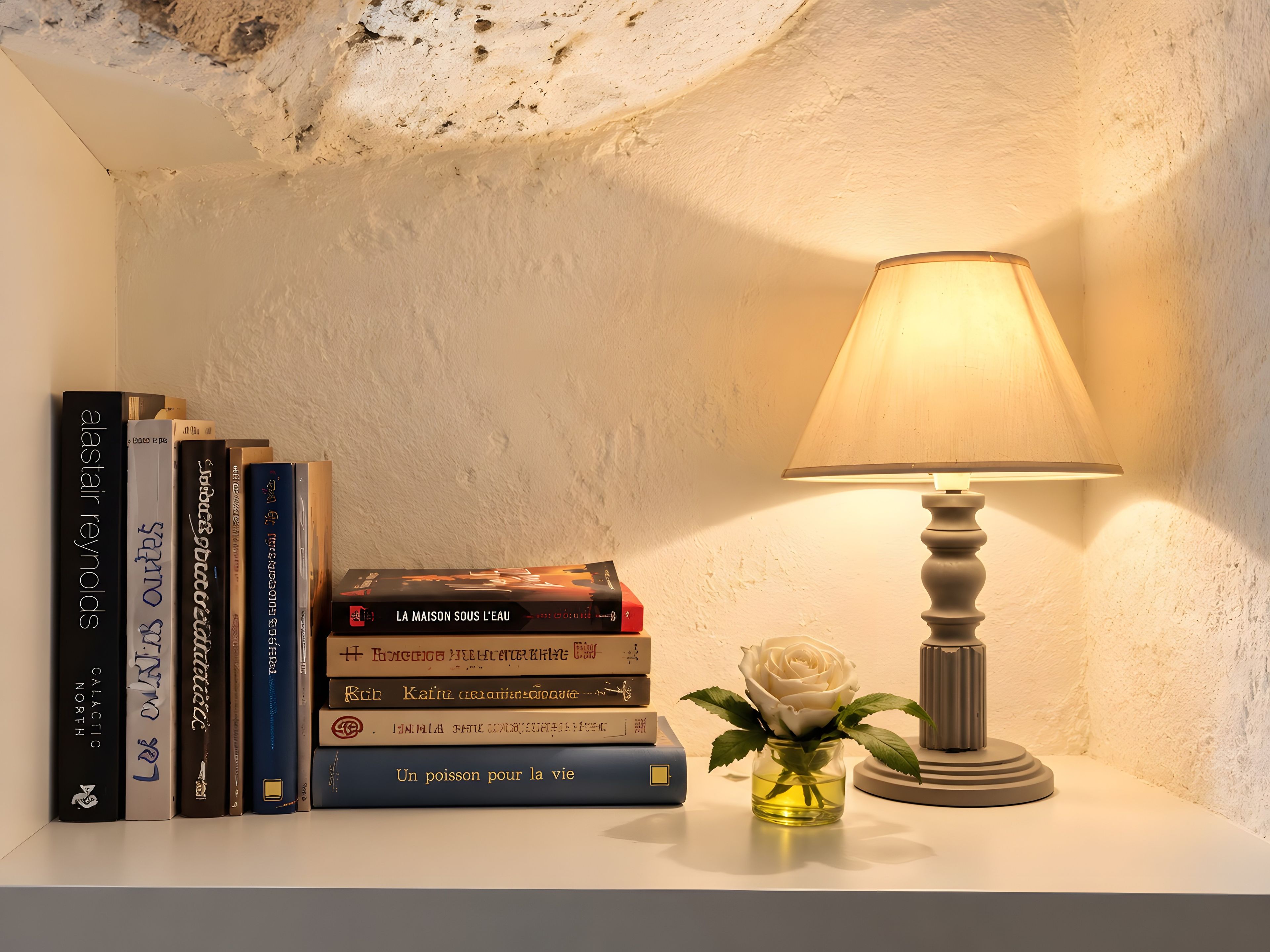 A bookshelf with books and a vase with a white rose.