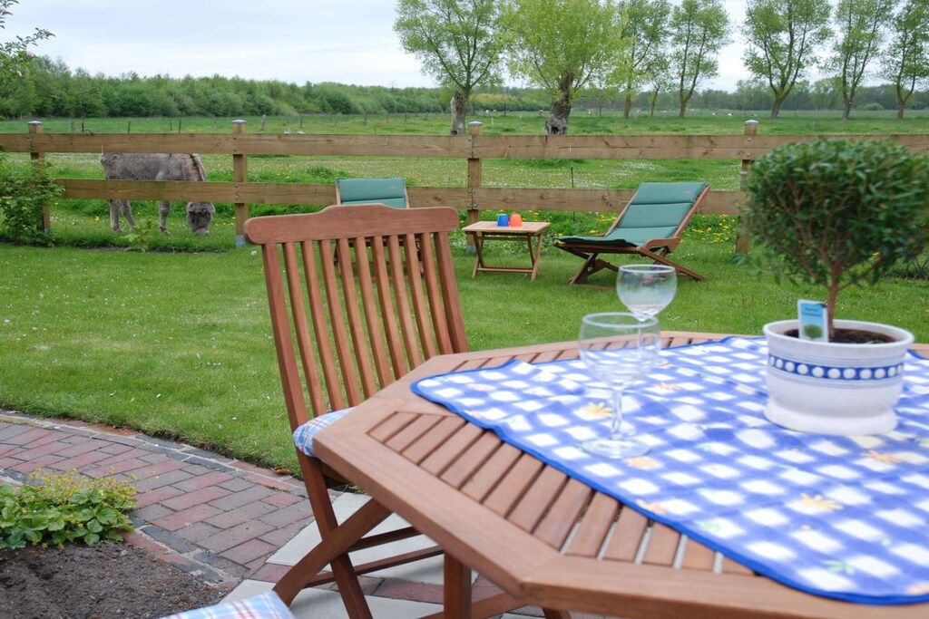 An outdoor seating area with a table and chairs, a small table with a glass, and a potted plant.
