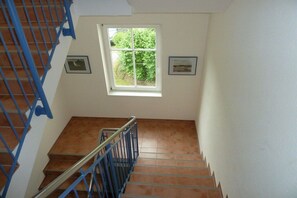 A staircase with blue handrails, a window with a view of greenery, and two framed pictures on the wall. - 8 in the house cooling (Kühlungsborn)