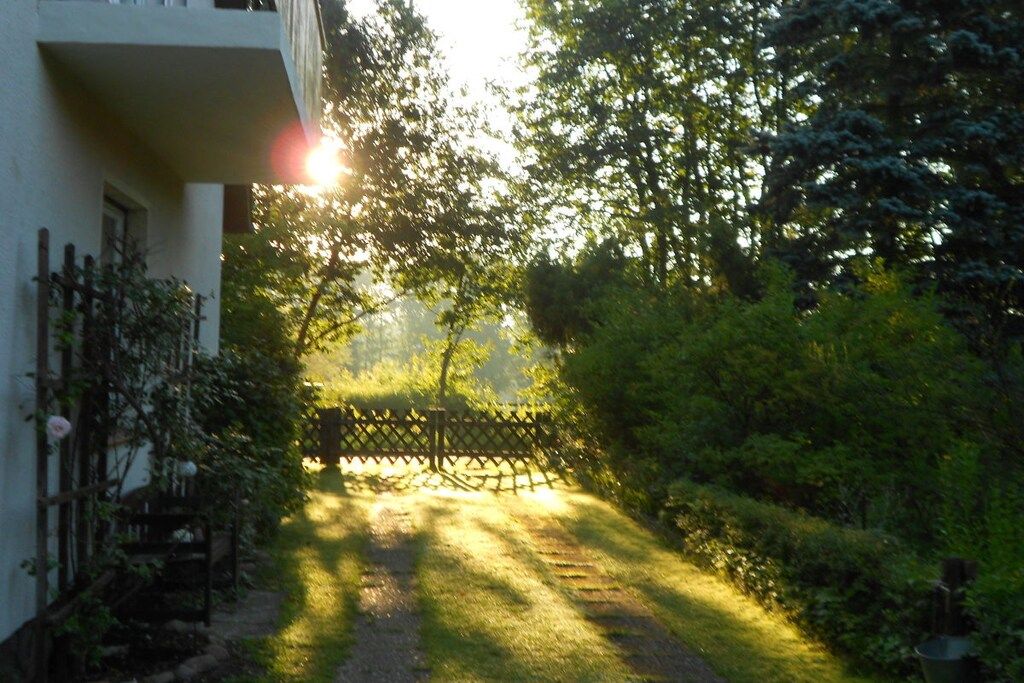 Un chemin menant à un bâtiment entouré d’une clôture et bordé de verdure.