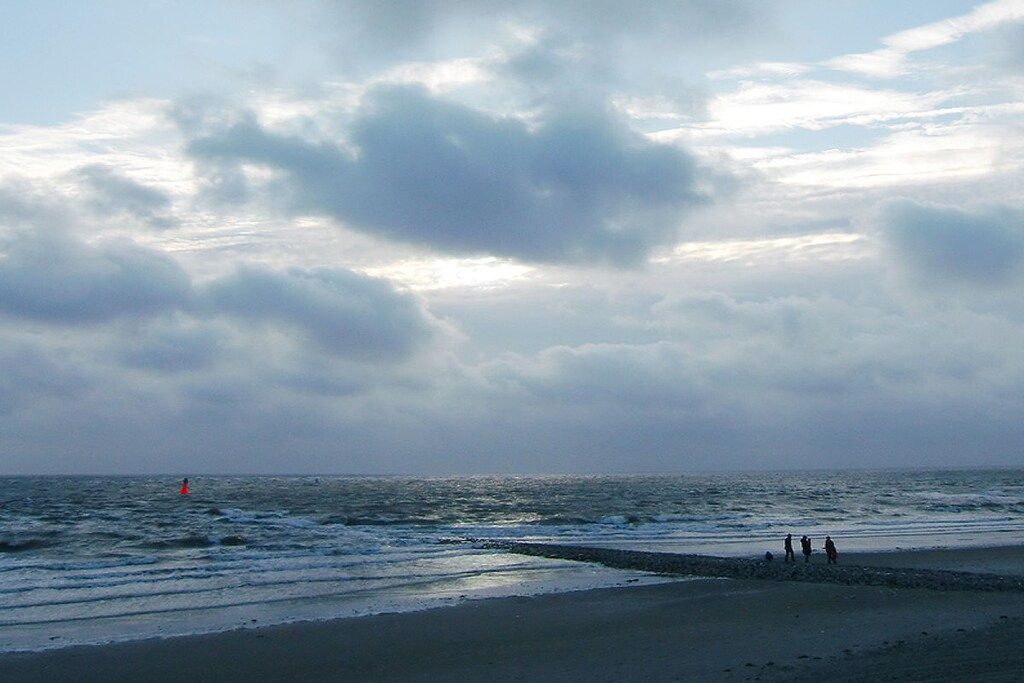 A beach with waves, a cloudy sky, and a few people in the distance.